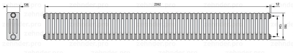 Схема (чертеж) Радиатор Zehnder Charleston 4019/52 №7610 Белый глянцевый RAL 9016